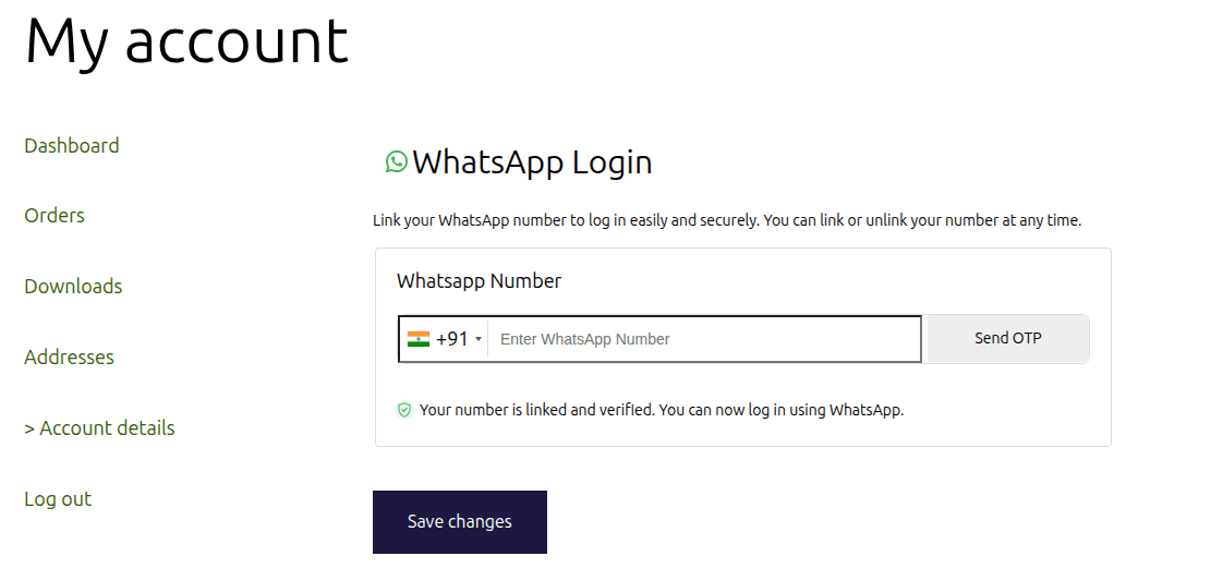 My Account page after login
