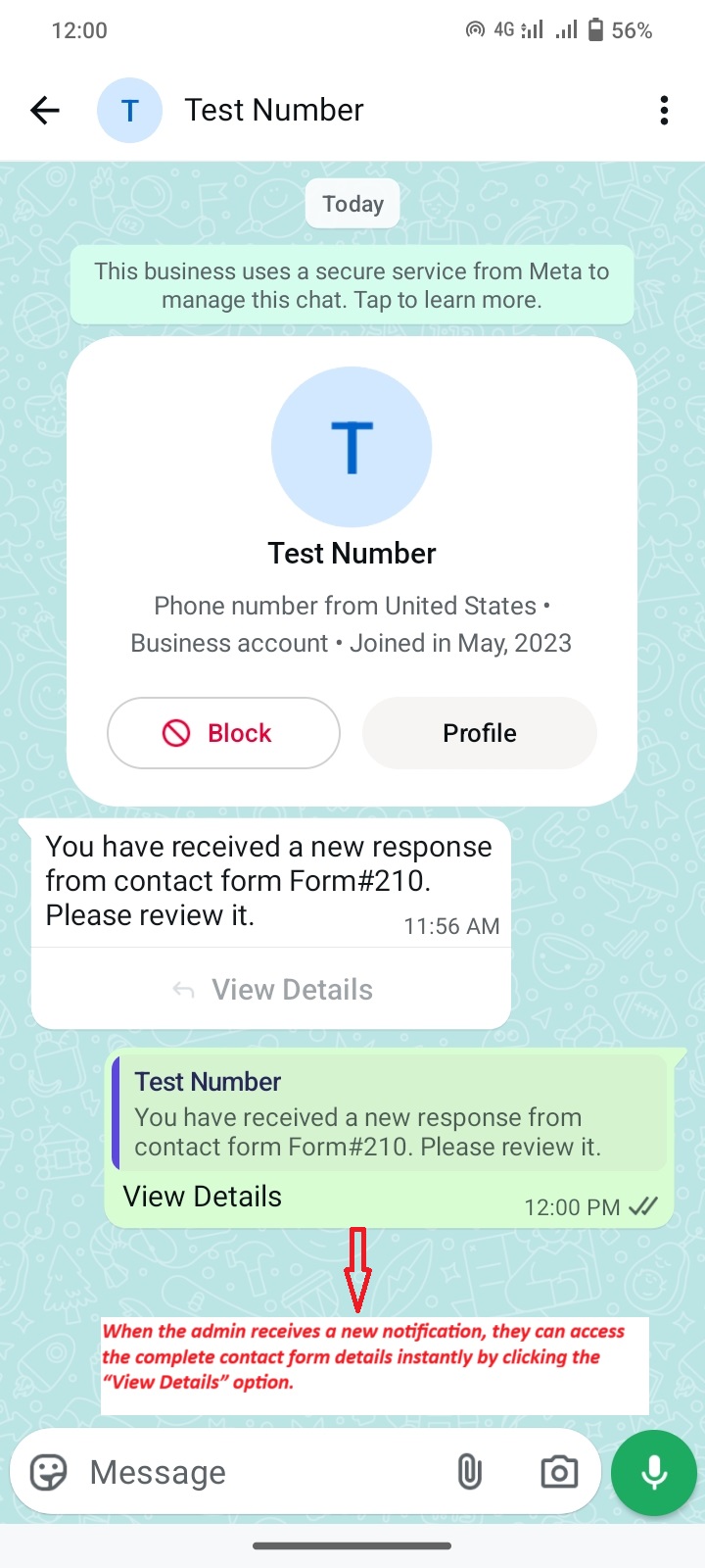 When the admin receives a new notification, they can access the complete contact form details instantly by clicking the “View Details” option.