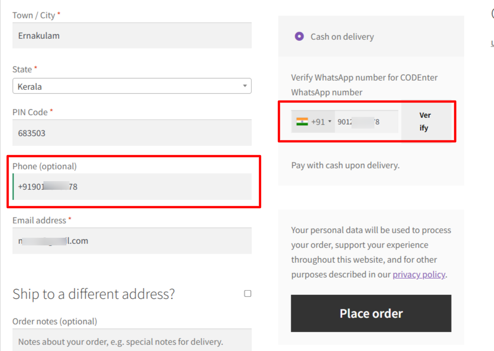 cash on delivery verification via WhatsApp