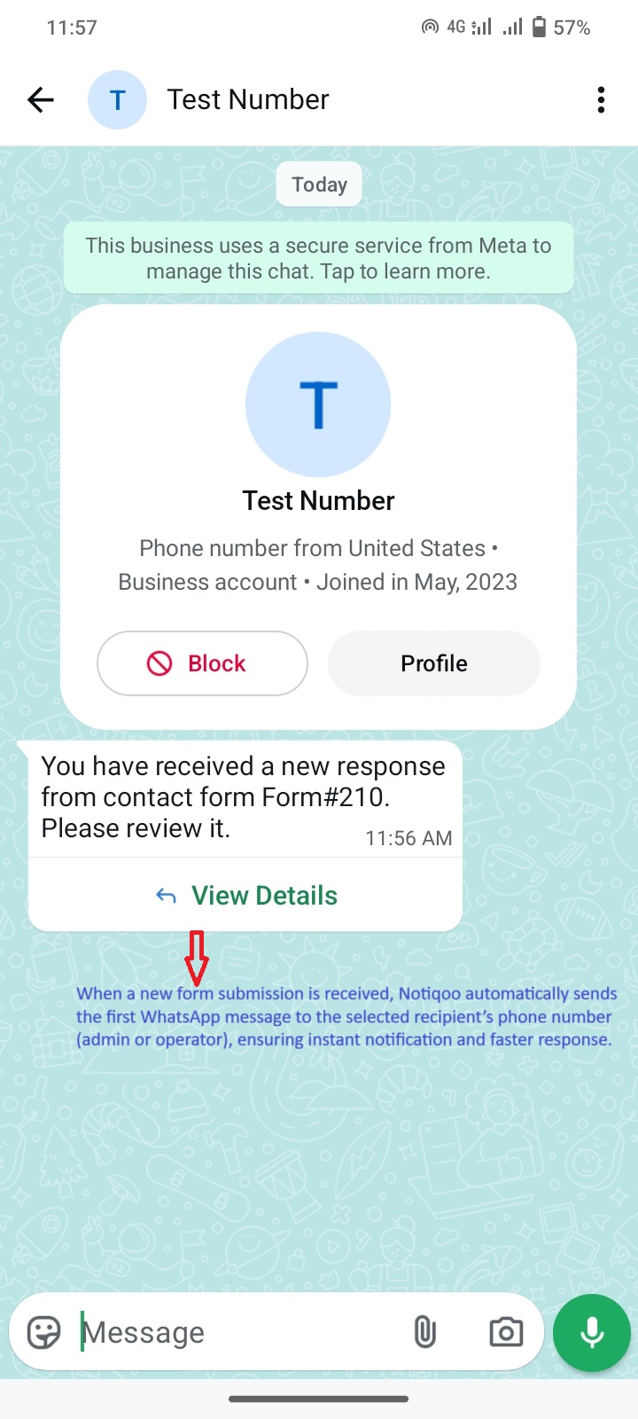 When a new form submission is received, Notiqoo automatically sends the first WhatsApp message to the selected recipient’s phone number (admin or operator), ensuring instant notification and faster response.