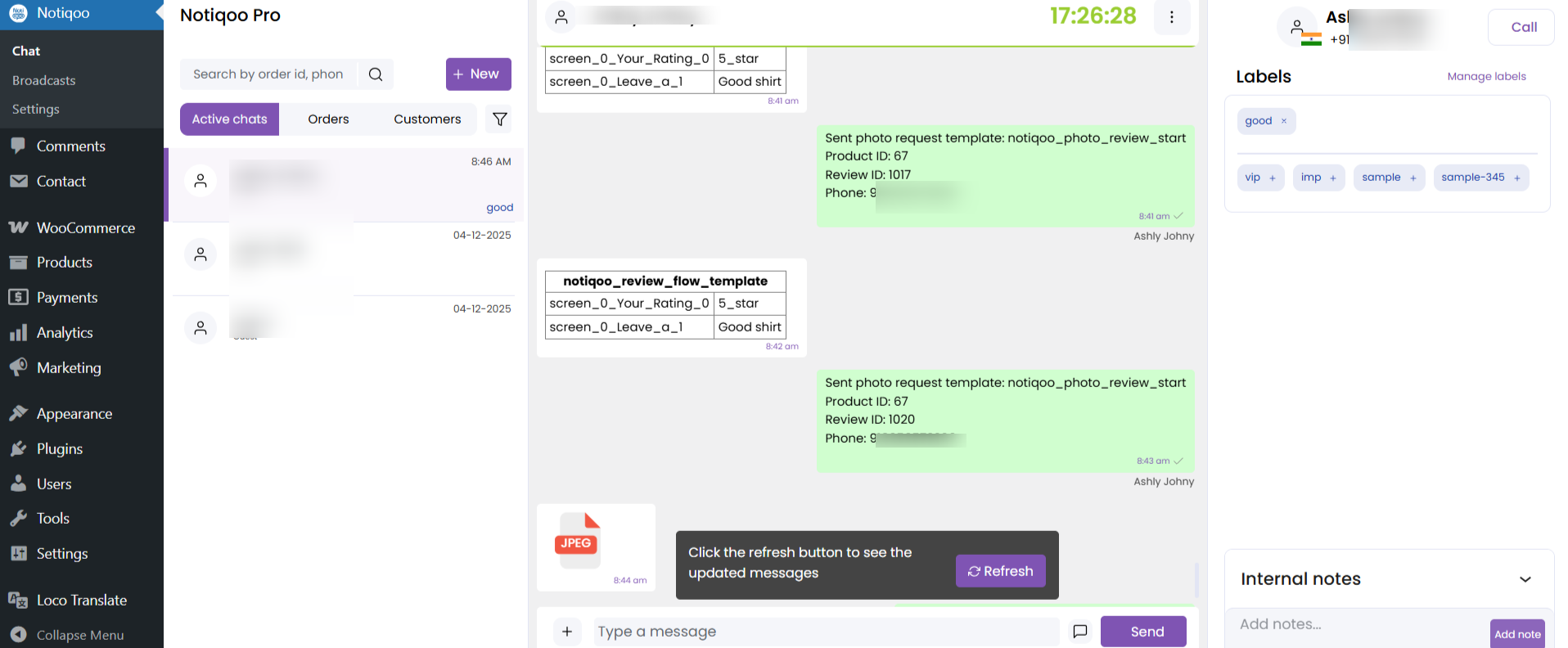 Notiqoo customer chat dashboard look like this